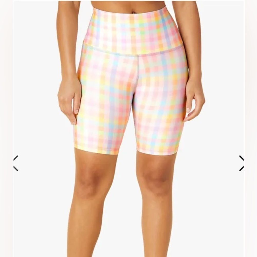 NWT- Beyond Yoga Pastel Gingham High-Waisted Biker Shorts-Size Small